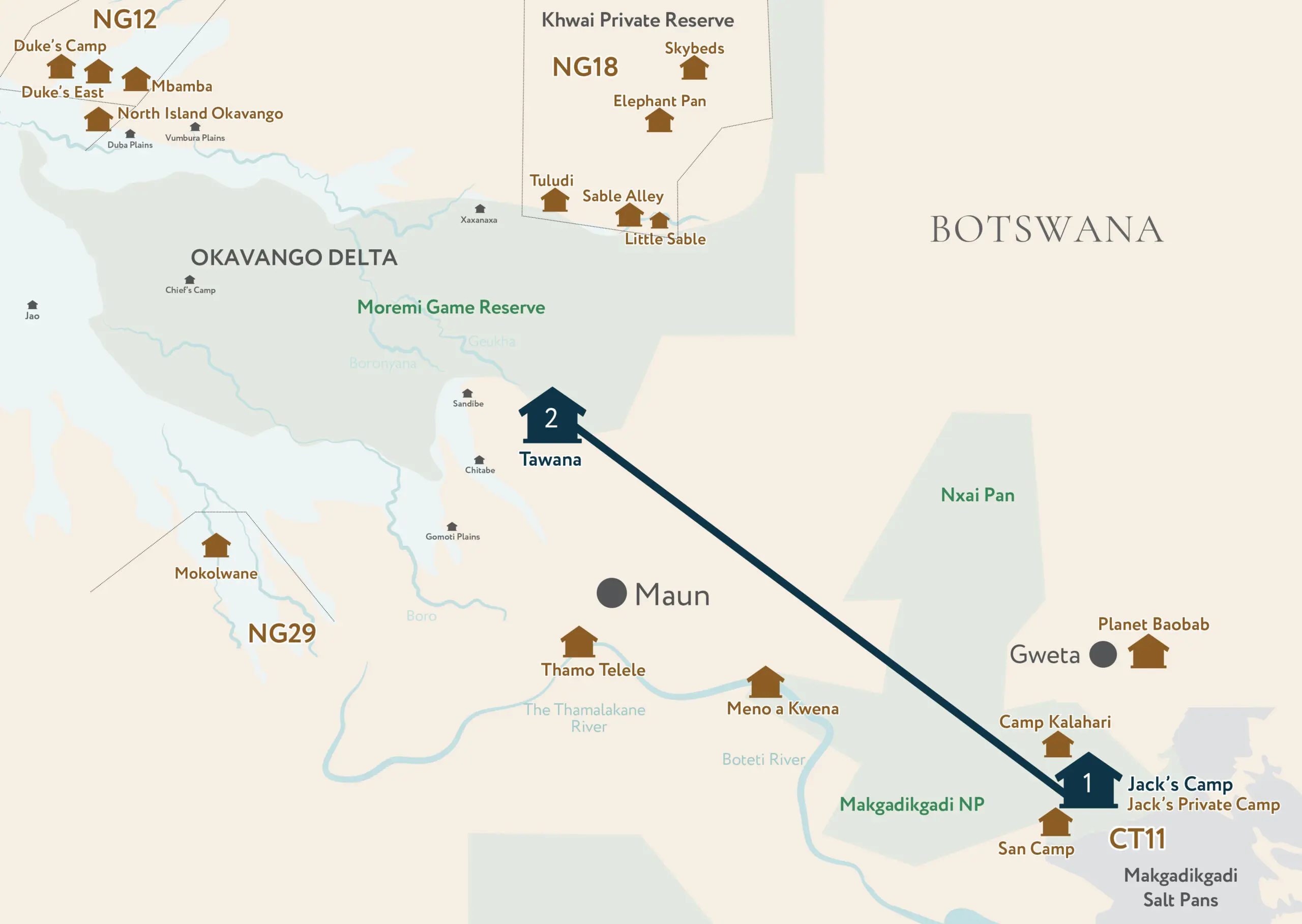 This safari starts and ends in Maun in Botswana. One of the best times to visit the Makgadikgadi Pans is during the dry season, which runs from May to October. During this time, the pans are dried up and you can easily access them for activities like quad biking, game viewing, and stargazing. During green season, which runs from November to March-June, witness the second largest migration of zebra and wildebeest in Africa (and it’s the last remaining one in Southern Africa). Peak season for the Okavango Delta is between April and October. While the game is plentiful year-round the dry months from July to October are peak season for game-viewing, as grassland waterholes dry up and animals are drawn to perennial water sources. Between June and September, the annual floodwaters of the Okavango Delta reach their peak. With the Gomoti River flowing in front of Tawana, expect remarkable wildlife sightings in and around the camp.